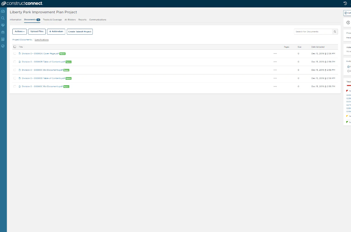 screenshot of ConstructConnect Bid Management